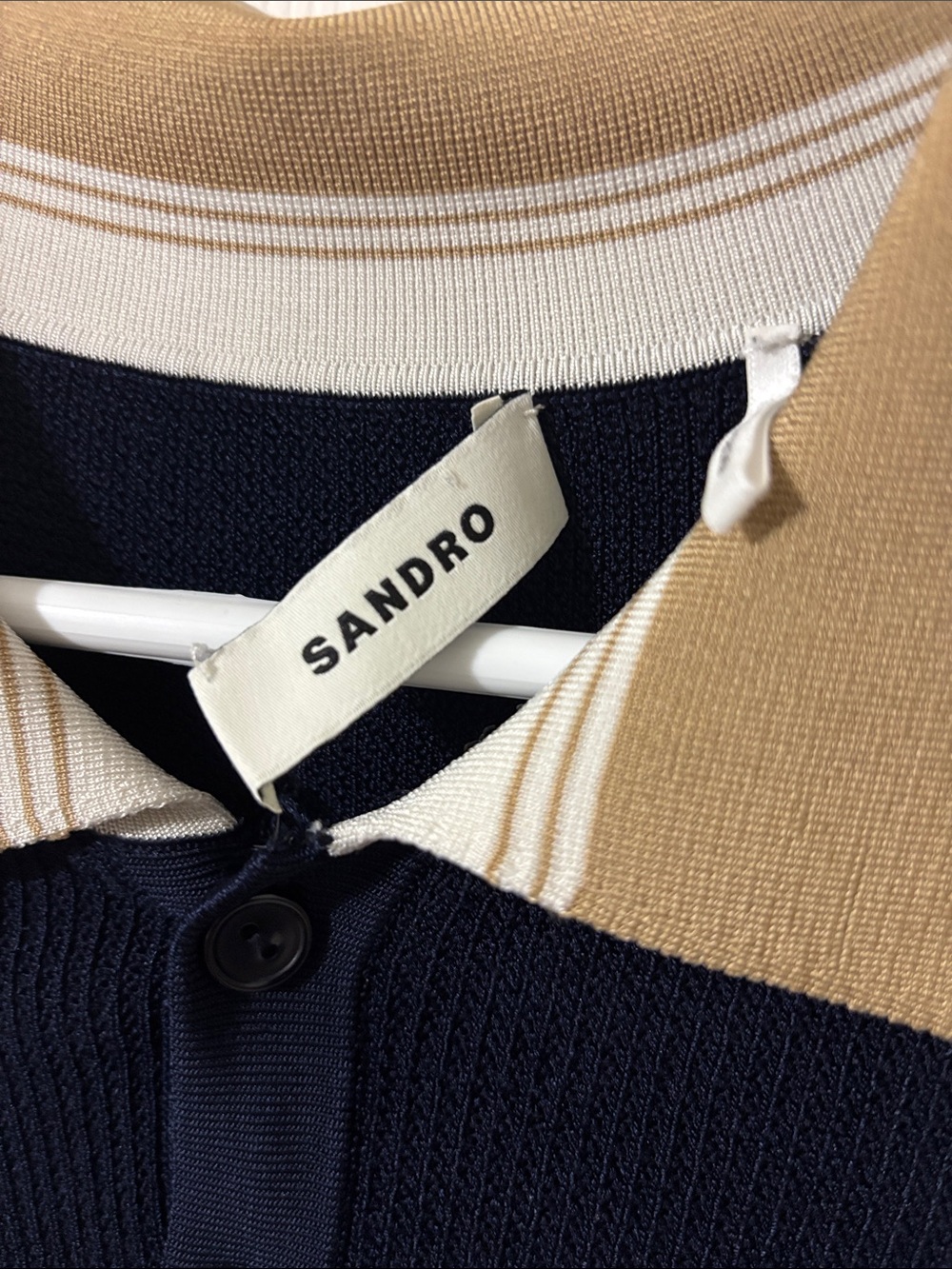 Sandro Men’s XL Navy Short-Sleeve Polo Shirt with White and Tan Accents - Picture 2 of 4